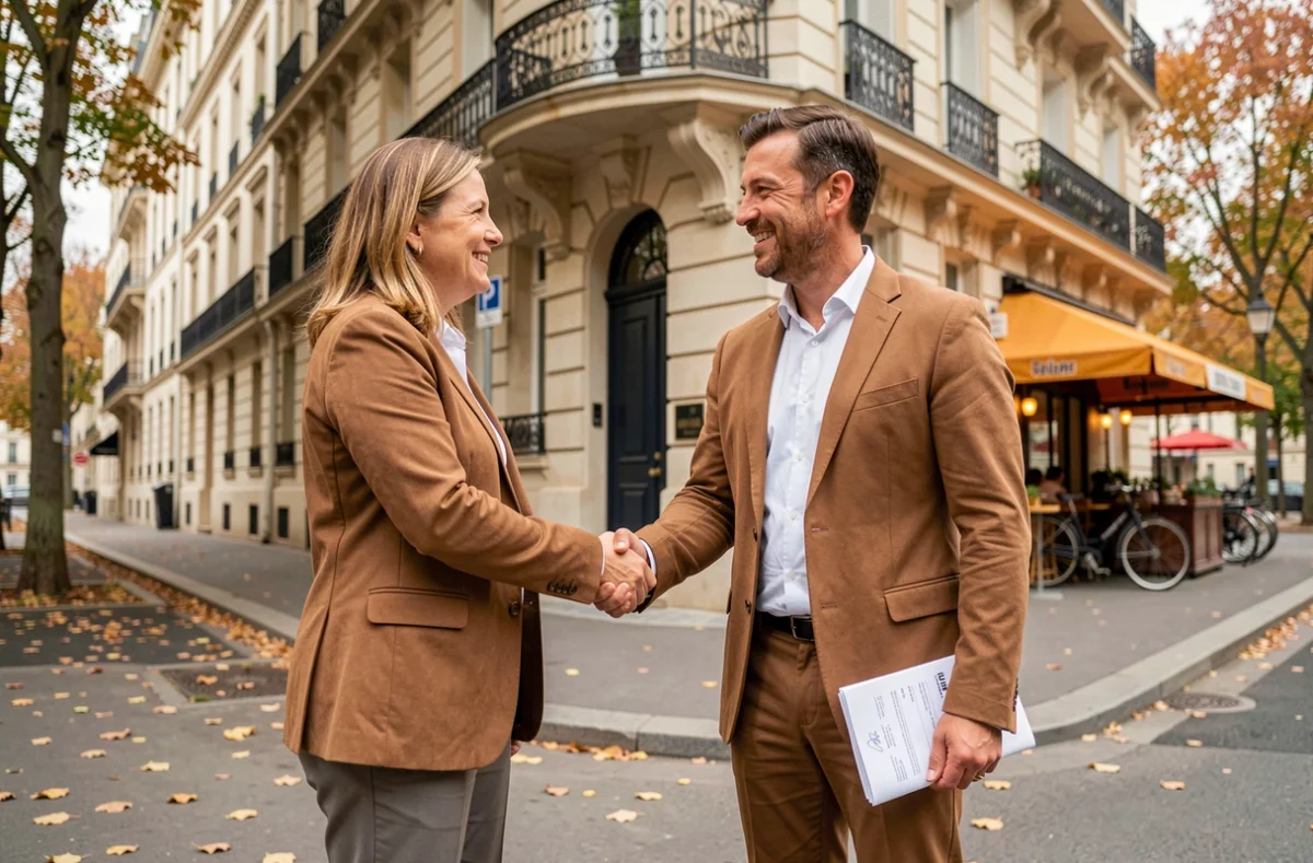 Deux professionnels scellant un accord immobilier devant un immeuble haussmannien rénové dans une ville de province française