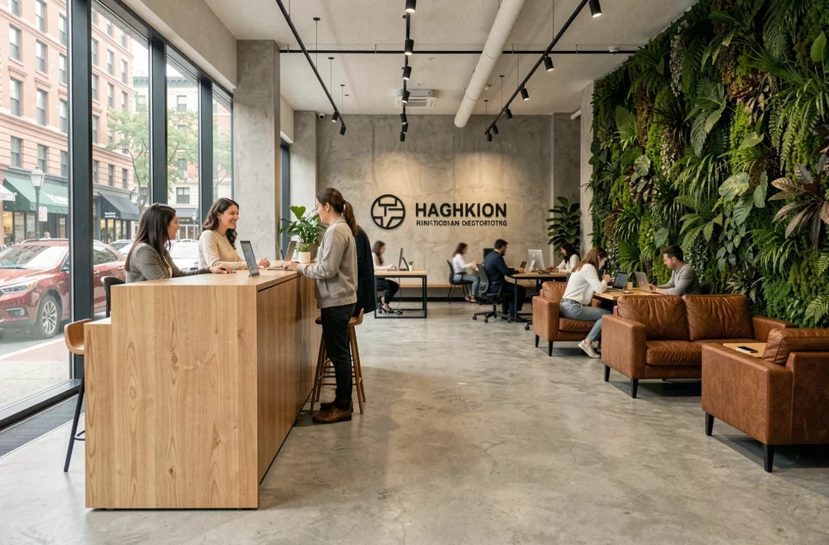 Vue d'ensemble de l'accueil et de l'espace lounge d'un coworking accueillant indépendants et petites équipes