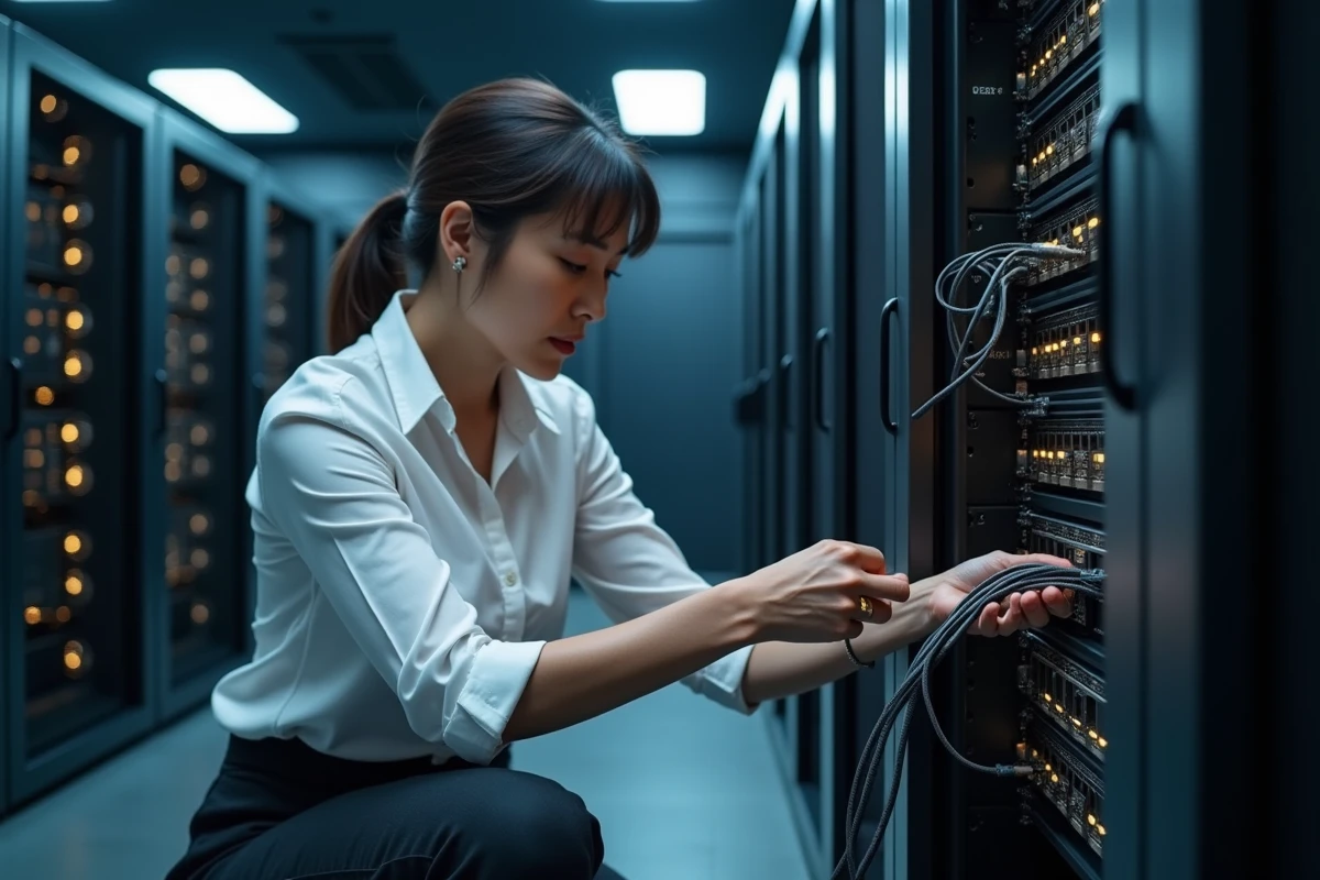 Administratrice réseau intervenant sur un rack serveur pour résoudre un problème de connectivité réseau