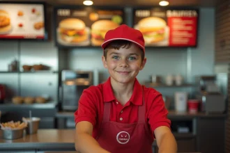 Adolescent de 16 ans en uniforme McDonald's derrière un comptoir de restauration rapide