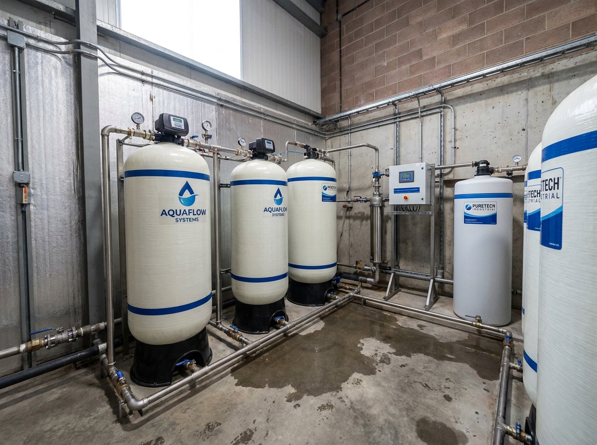 Adoucisseur d'eau industriel installé dans une salle technique d'entreprise avec tuyauterie en acier inoxydable