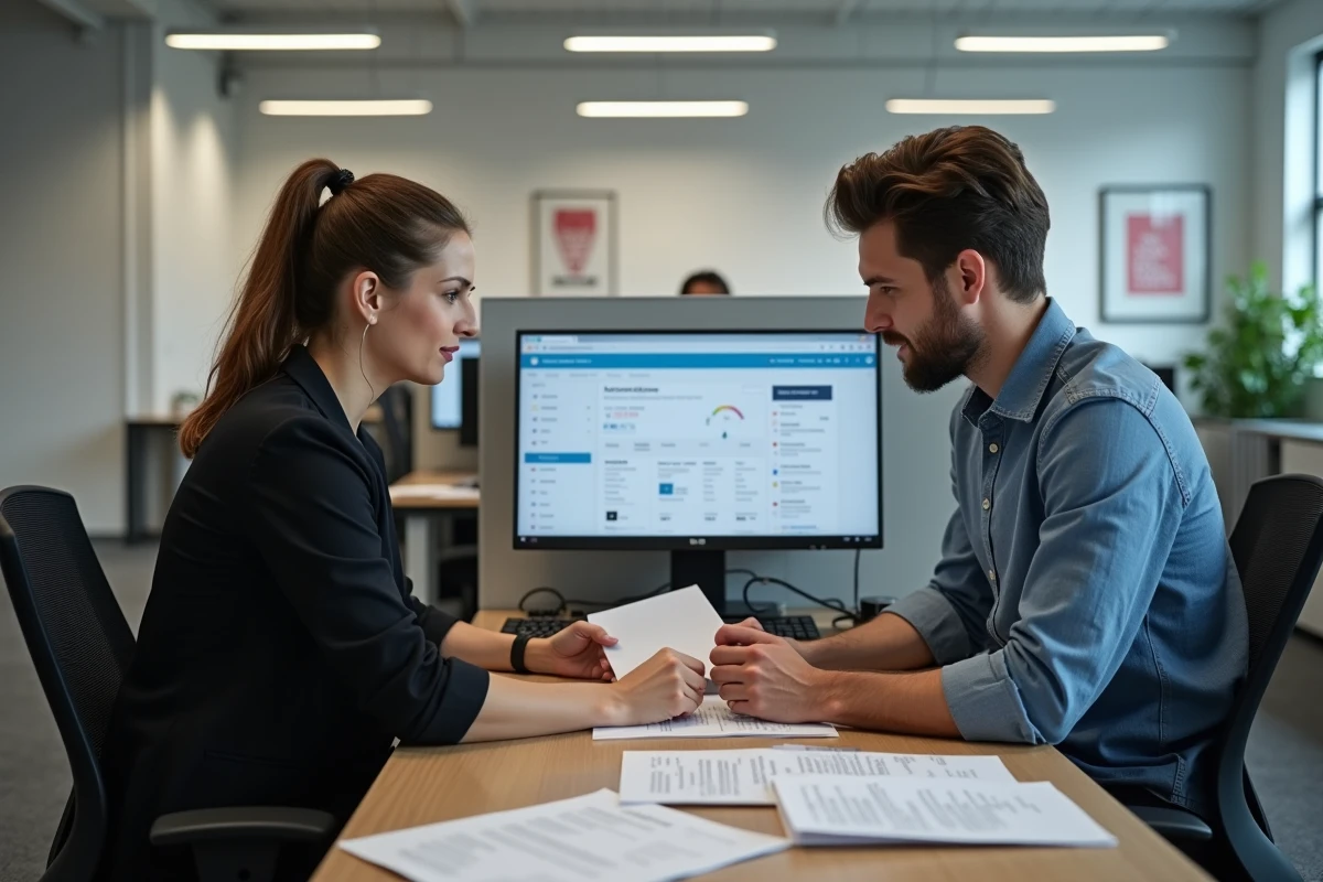 Conseiller et intérimaire consultant ensemble l'espace PIXID mon compte dans une agence d'emploi temporaire