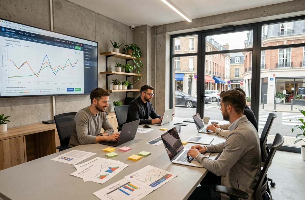 Équipe d'une agence SEO dans le Calvados travaillant ensemble sur des stratégies de référencement naturel