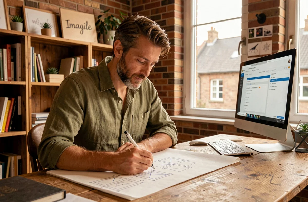 Consultant de l'agence Imagile esquissant une stratégie de référencement web dans un studio créatif