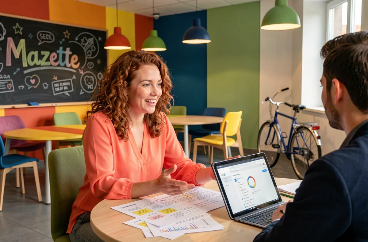Consultante SEO de l'agence Mazette présentant une stratégie de contenu à un collègue dans leurs bureaux