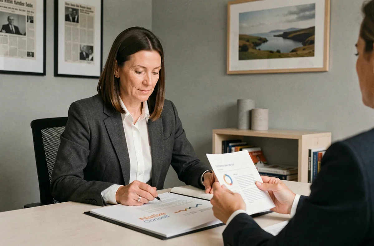 Consultante de l'agence Native Conseil présentant un audit SEO détaillé à un client dans ses bureaux