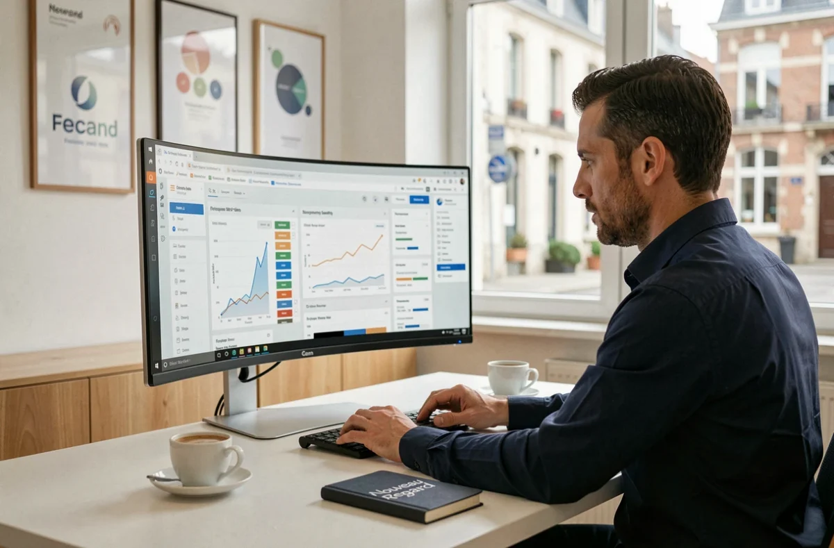 Consultant SEO de l'agence Nouveau Regard analysant des rapports de référencement sur son ordinateur