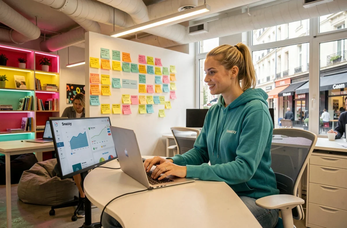 Spécialiste digitale de l'agence Snazzy travaillant sur des campagnes SEO dans un bureau moderne et coloré