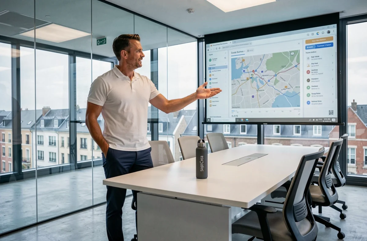 Expert SEO local de l'agence SpotCrea présentant des résultats de référencement dans une salle de réunion moderne