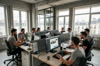 Équipe d'une agence web en Seine-Saint-Denis collaborant dans un open-space moderne avec écrans et maquettes numériques