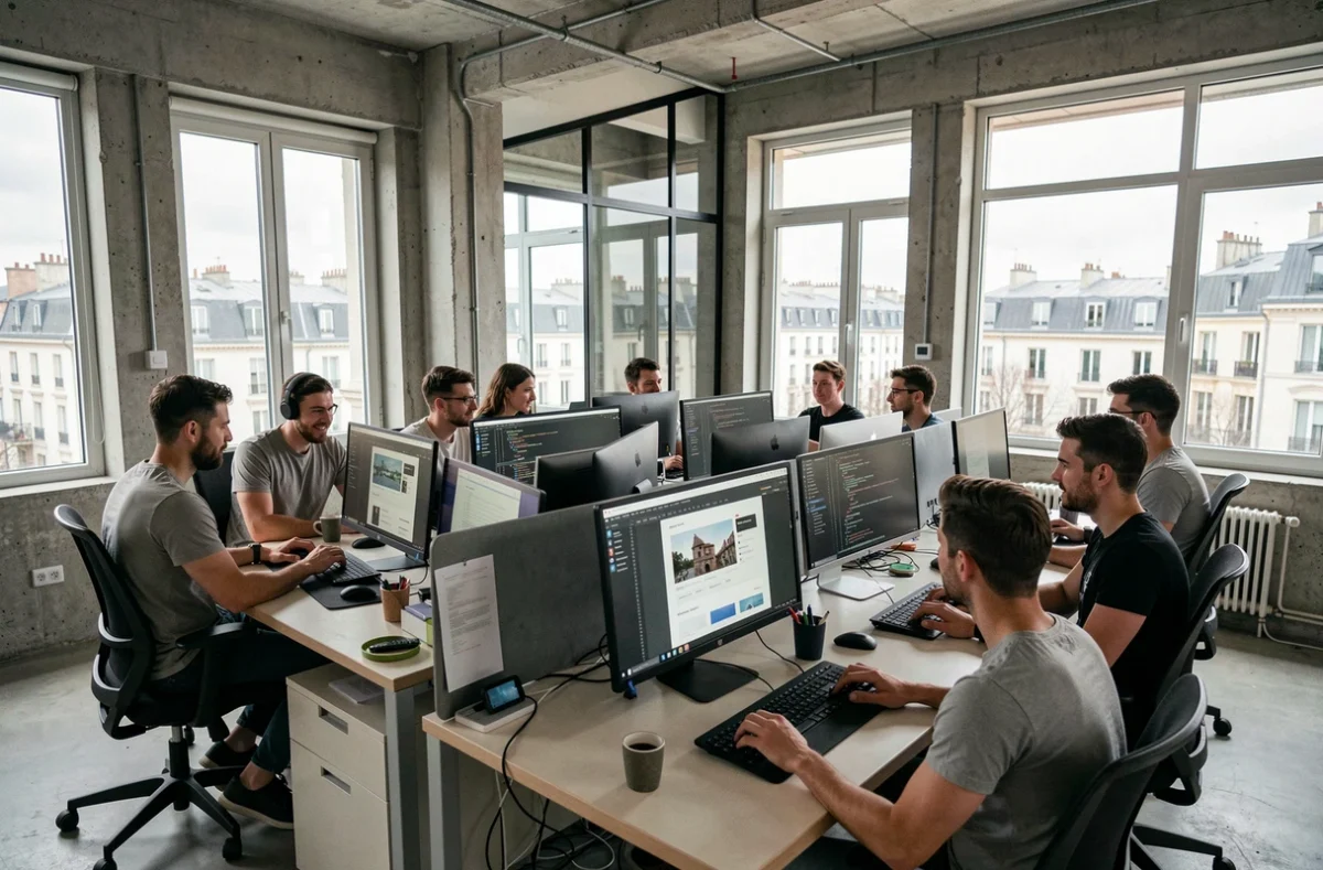 Équipe d'une agence web en Seine-Saint-Denis collaborant dans un open-space moderne avec écrans et maquettes numériques