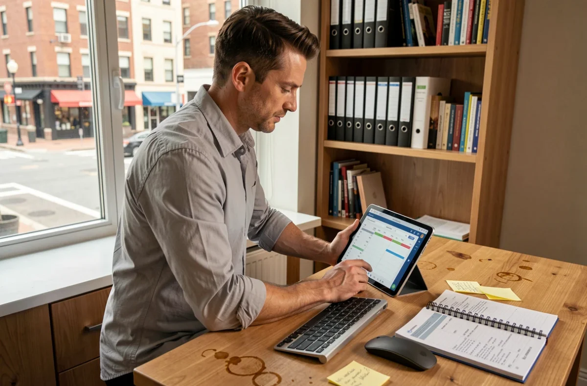 Homme en télétravail utilisant simultanément un agenda papier et une application de planning numérique sur tablette