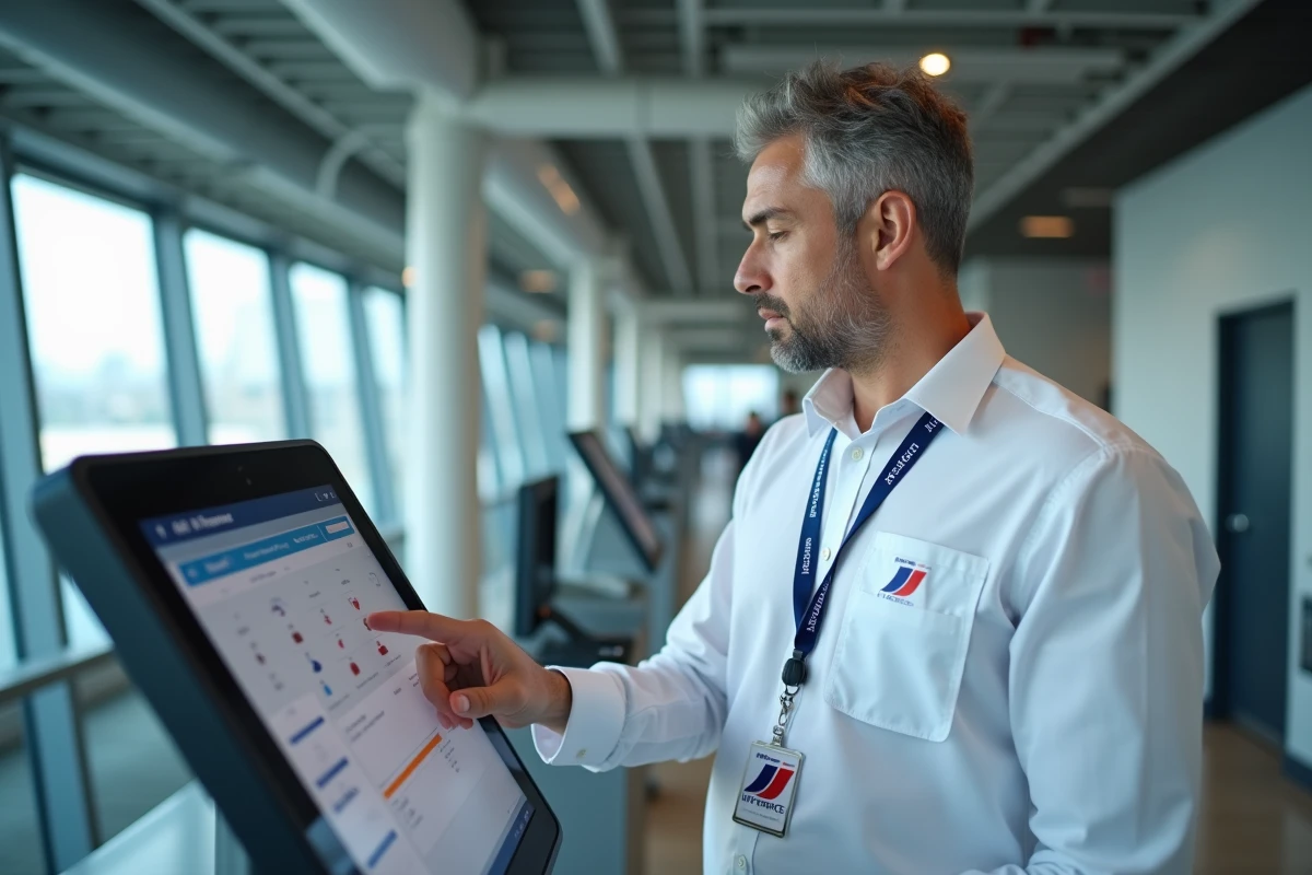 Agent Air France consultant le portail RH Habile sur une borne numérique en couloir aéroport
