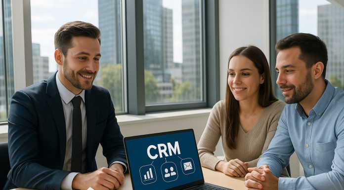 Comment choisir la bonne solution CRM pour votre business immobilier ? Agent immobilier rencontre clients dans un bureau moderne