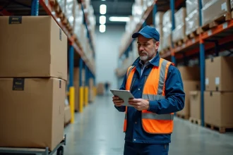 Agent logistique dans un entrepôt vérifiant des colis