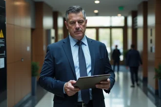 Agent de securite en costume navy dans un hall moderne