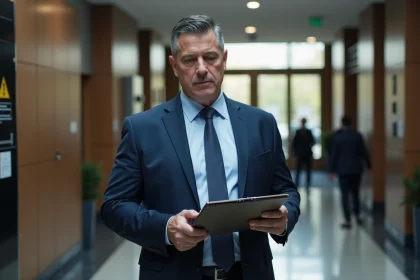 Agent de securite en costume navy dans un hall moderne