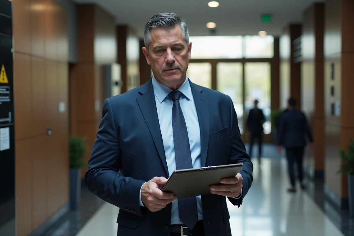 Agent de securite en costume navy dans un hall moderne