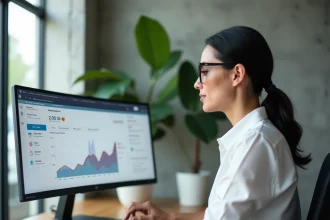 Femme professionnelle analysant un tableau de bord SaaS avec tunnel de vente sur écran ultrawide dans un bureau moderne