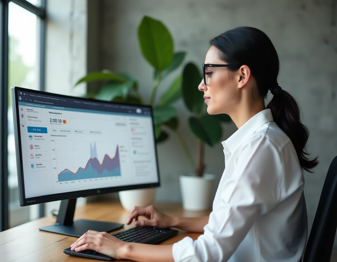Femme professionnelle analysant un tableau de bord SaaS avec tunnel de vente sur écran ultrawide dans un bureau moderne