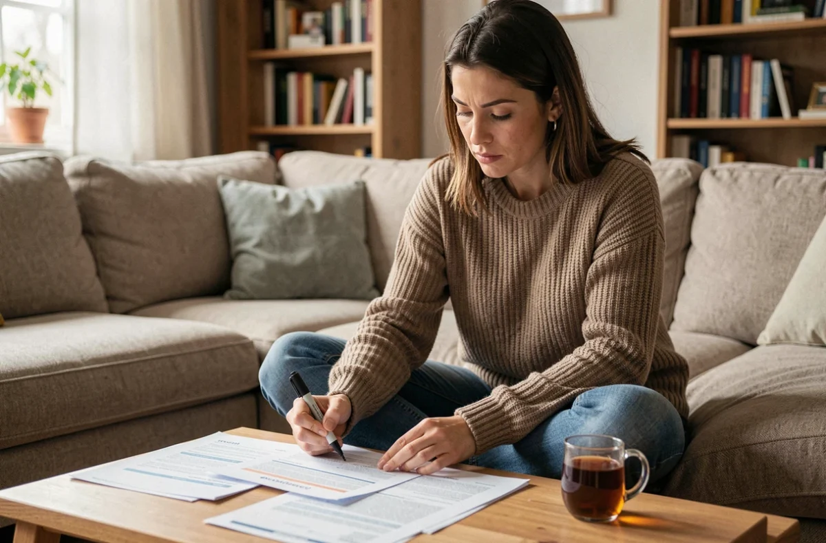 Femme analysant des documents RH pour préparer ses arguments de congé sans solde chez elle
