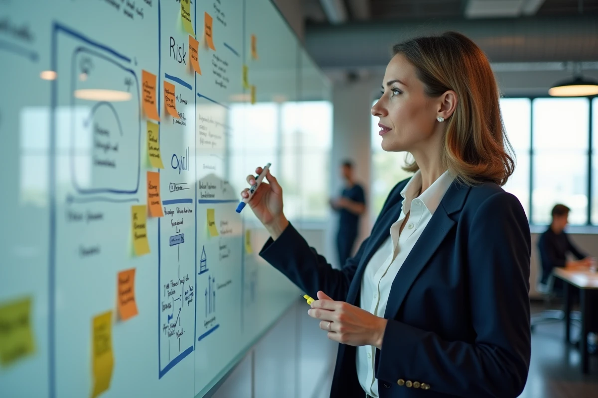 Responsable d'entreprise analysant une matrice de risques sur un tableau blanc dans un bureau moderne