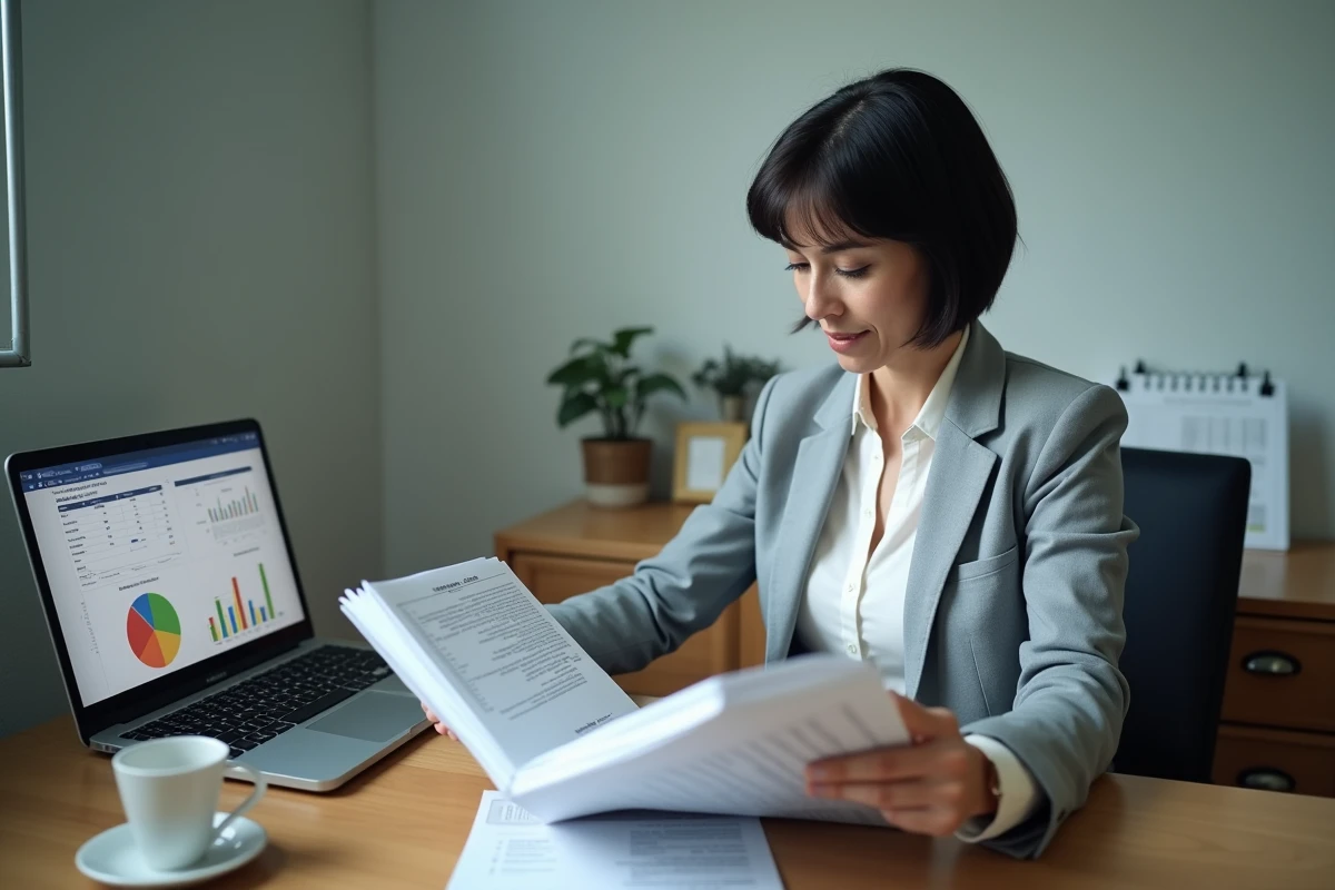 Femme analyste comparant les co&ucirc;ts d'une licence taxi et la rentabilit&eacute; dans un bureau professionnel