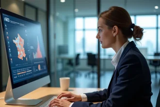 Femme analyste consultant des données économiques territoriales sur un écran d'ordinateur dans un bureau moderne