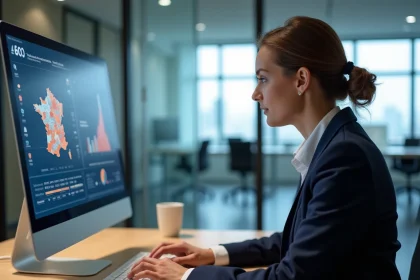 Femme analyste consultant des données économiques territoriales sur un écran d'ordinateur dans un bureau moderne