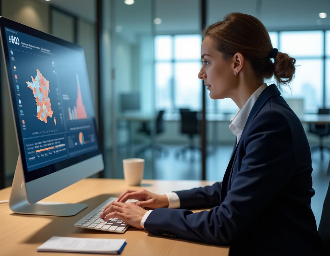 Femme analyste consultant des données économiques territoriales sur un écran d'ordinateur dans un bureau moderne