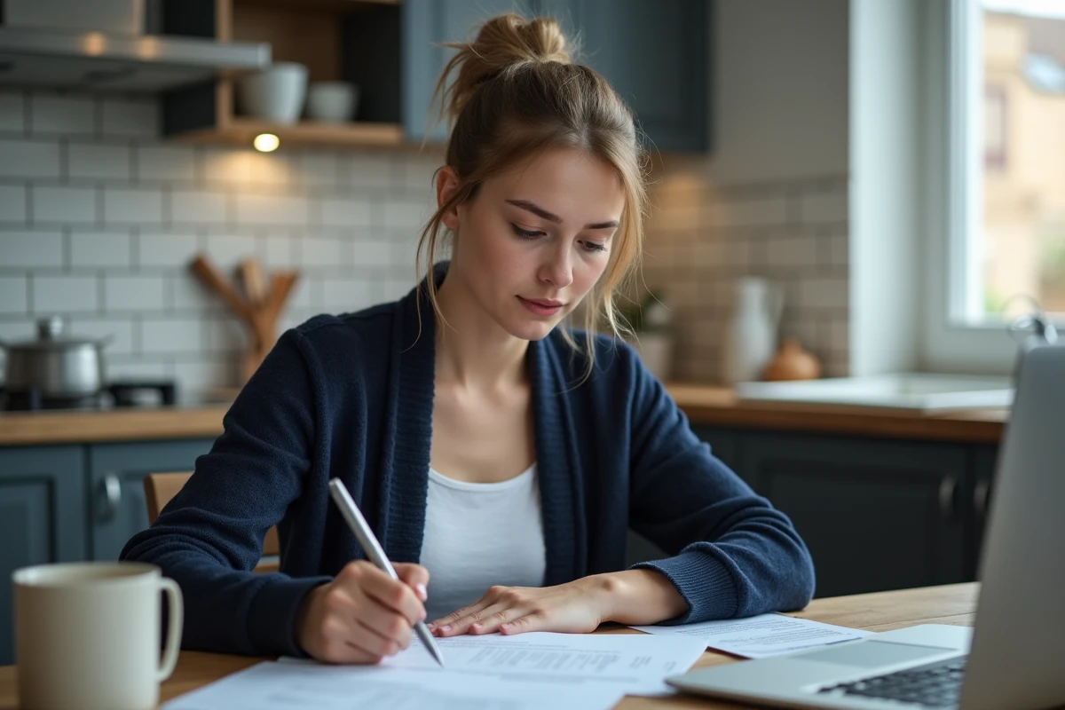 Jeune apprentie examinant attentivement un formulaire de rupture de contrat chez elle avec un ordinateur portable ouvert