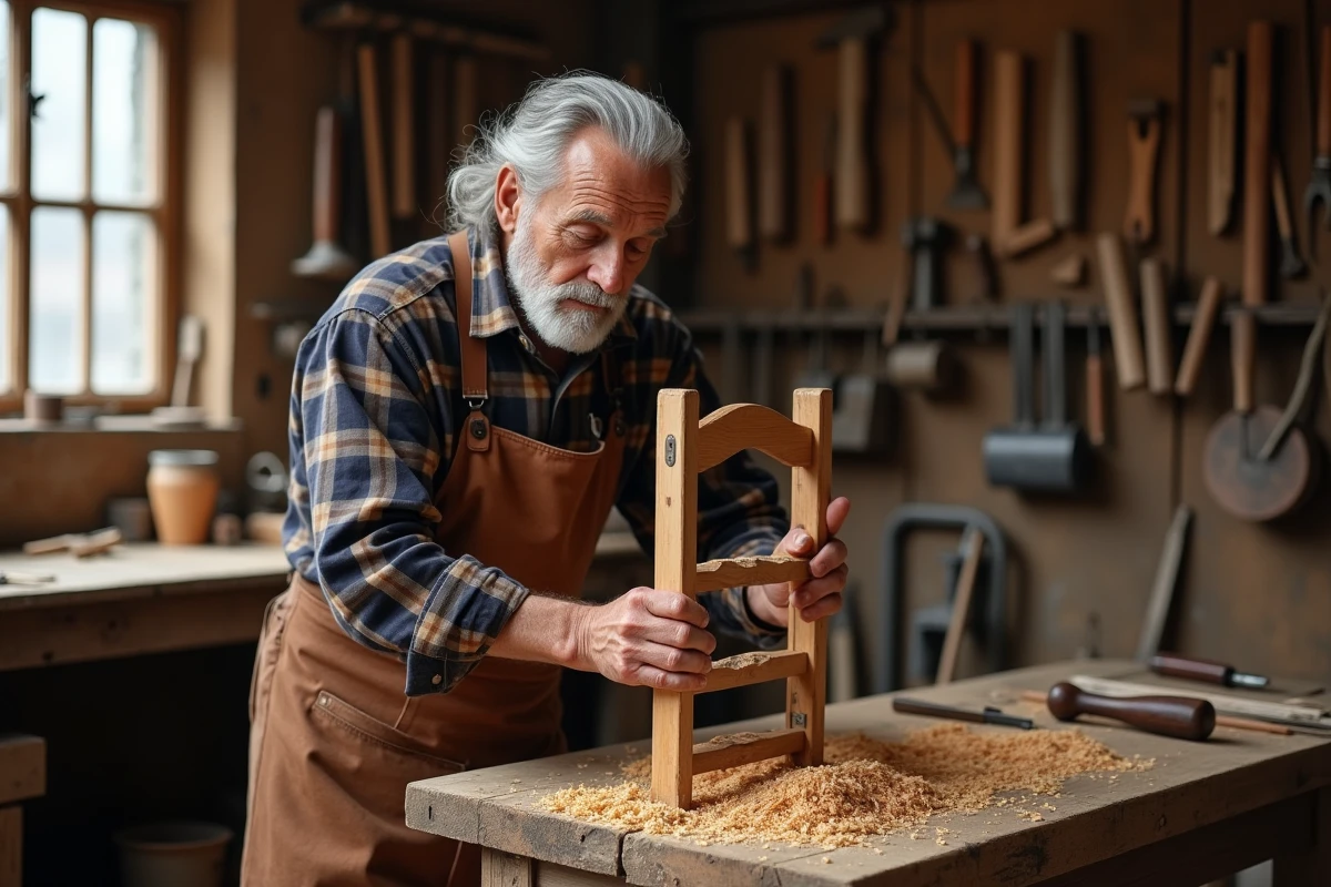 Artisan âgé sculptant le bois dans son atelier avec soin et persévérance, représentant la valeur du travail manuel