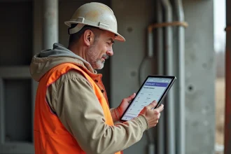Artisan BTP consultant un devis en ligne sur tablette sur un chantier de construction