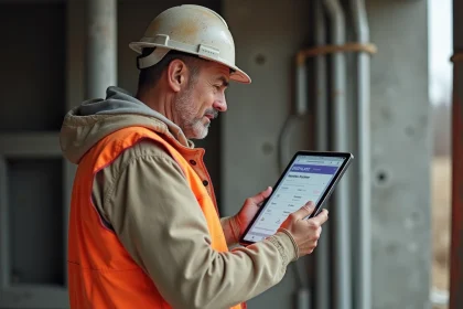 Artisan BTP consultant un devis en ligne sur tablette sur un chantier de construction