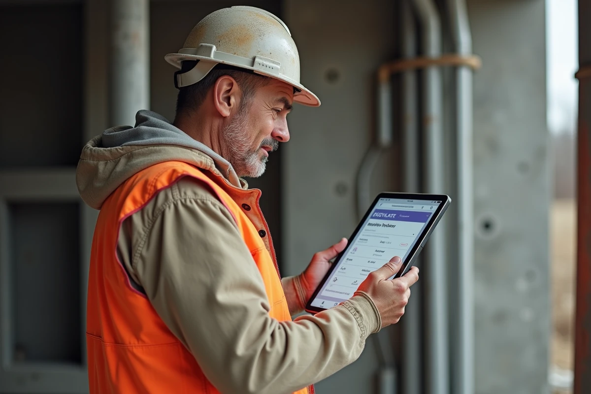 Artisan BTP consultant un devis en ligne sur tablette sur un chantier de construction