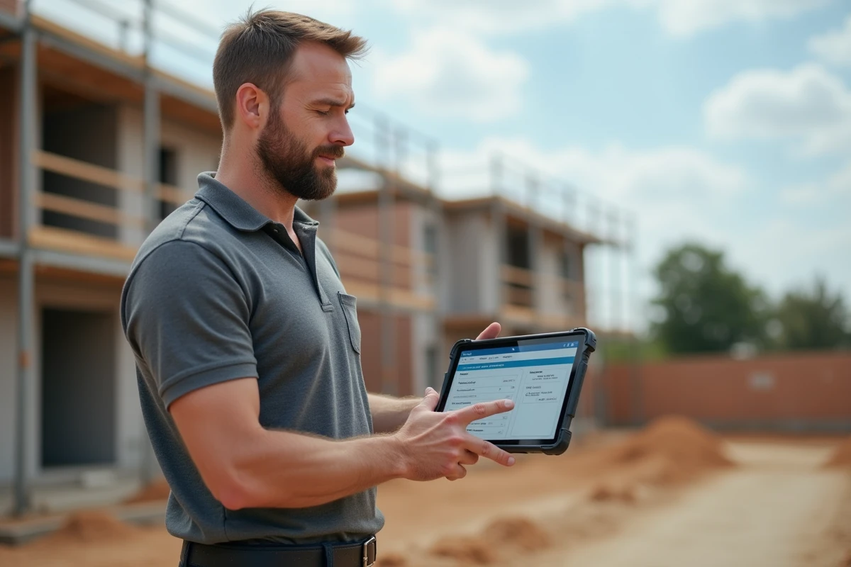 Artisan du bâtiment utilisant une tablette numérique sur un chantier pour gérer ses devis et plannings avec un logiciel métier