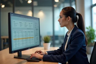 Artisane du bâtiment évaluant un logiciel de gestion de chantier comme Myextrabat sur un ordinateur de bureau en open space