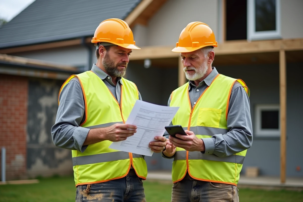 Deux artisans du bâtiment comparant un devis papier et une application mobile sur chantier