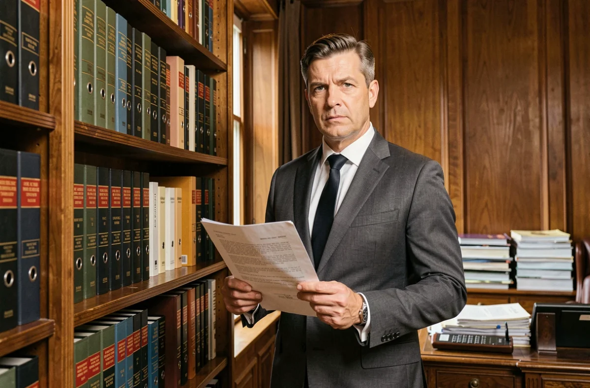 Avocat en costume charbon tenant un contrat d'égérie devant une bibliothèque juridique dans un cabinet traditionnel