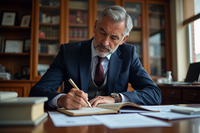 avocat-droit-affaires Avocat d'affaires en costume dans un bureau professionnel