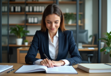 EIRL : Tout savoir sur son statut et sa réglementation en France Femme professionnelle en blazer navy dans un bureau moderne