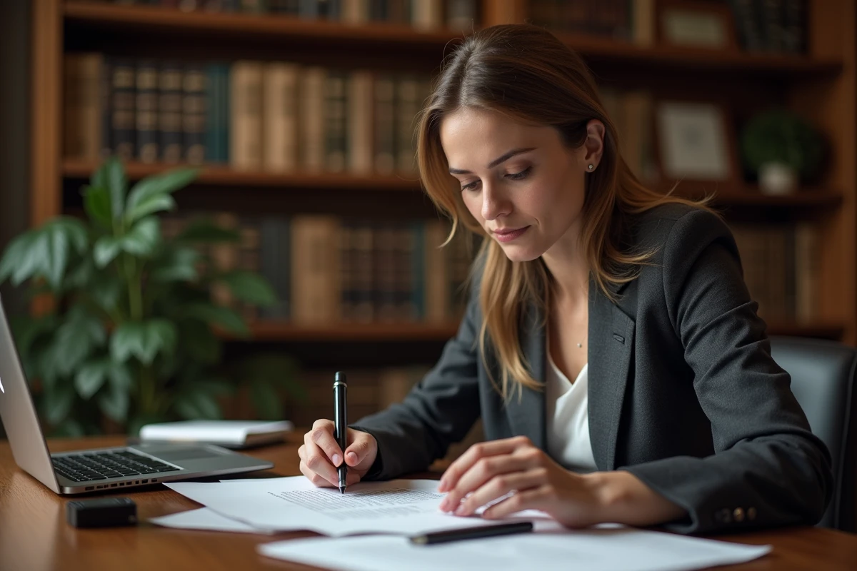 Avocate examinant des documents juridiques avec un enregistreur vocal dans un cabinet, illustrant les questions légales autour de l'enregistrement de conversations professionnelles