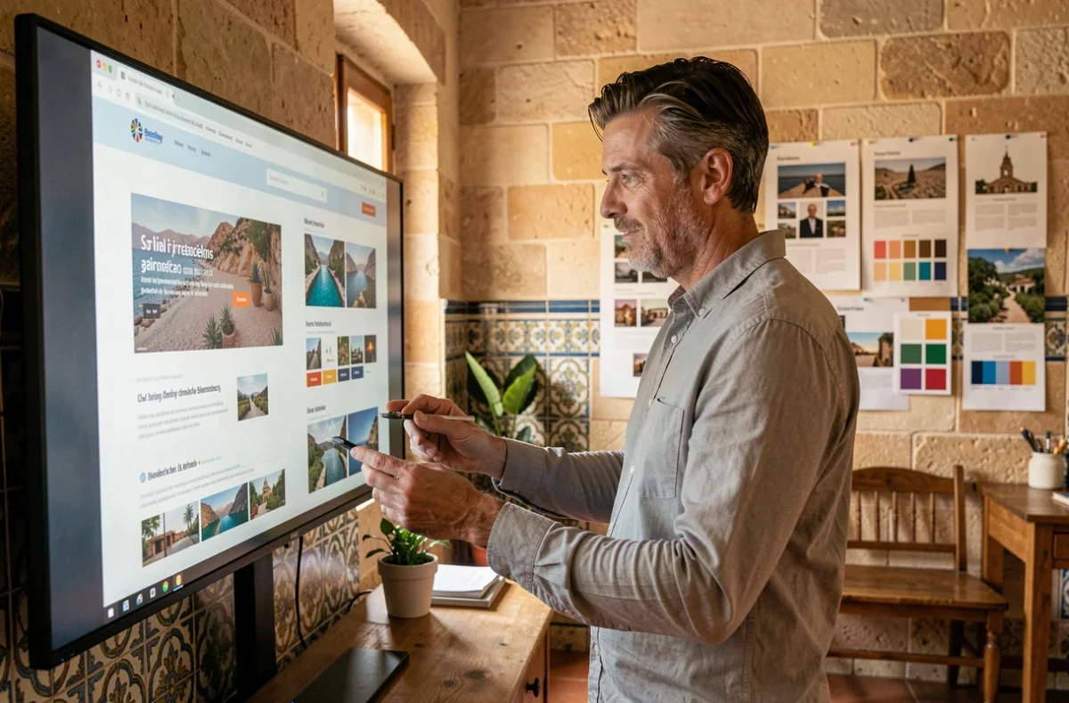 Directeur créatif de Barcelona & Co examinant des maquettes de sites web dans un studio au style méditerranéen