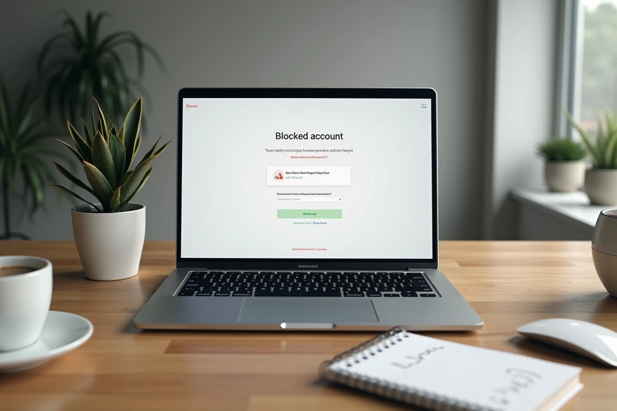 Écran d'ordinateur affichant un compte bloqué sur un portail affilié avec identifiants notés sur un carnet