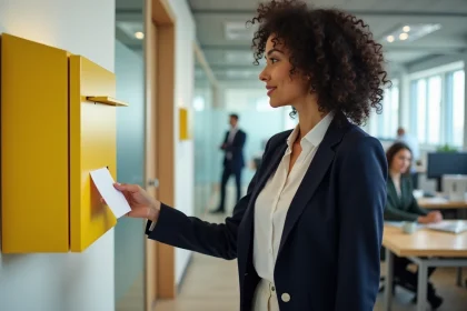 Employée déposant une idée dans une boîte à idées jaune en entreprise dans un open space moderne