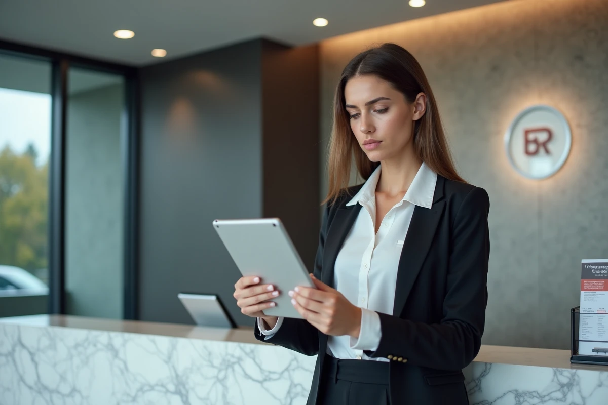 Jeune femme en blazer consultant une tablette à l'accueil d'une entreprise pour assurer le suivi des demandes clients