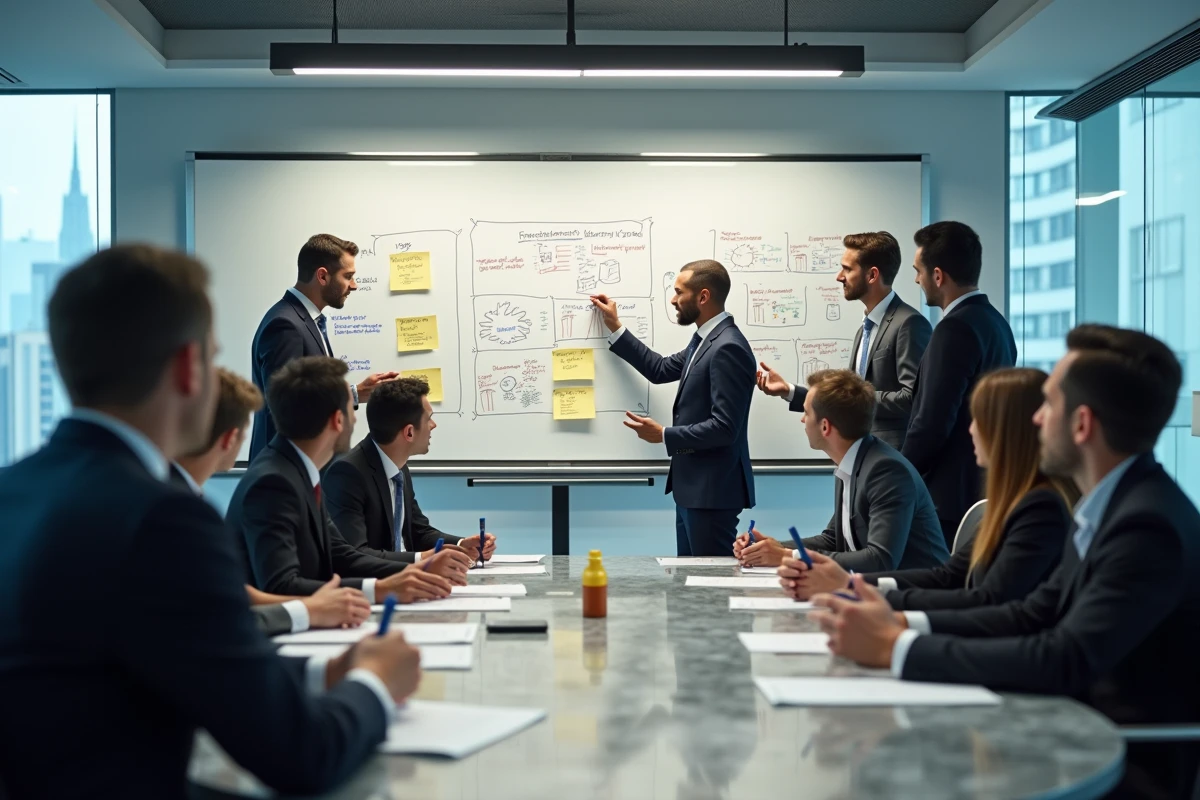 Groupe de professionnels en brainstorming dans une salle de réunion
