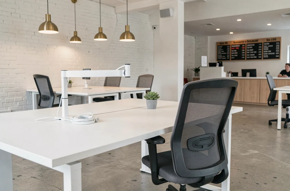 Bureau hot-desk vide et équipé dans un espace de coworking moderne à Grenoble avec tarifs affichés en arrière-plan