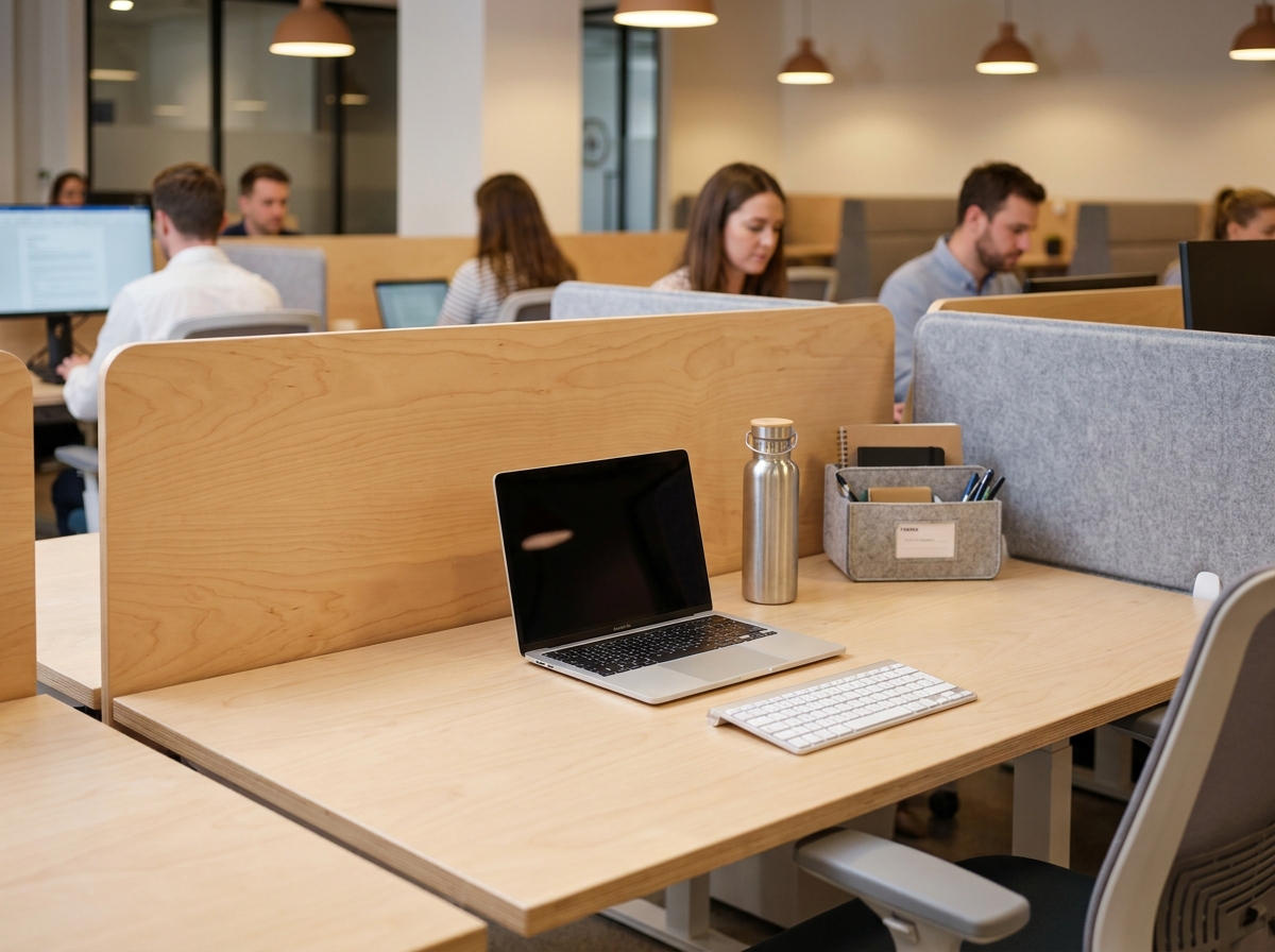 Bureau partagé bien rangé dans un espace de coworking avec organiseur de bureau, laptop et accessoires minimalistes