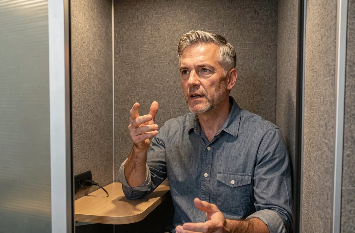 Homme en visioconférence dans une cabine phonique privée d'un espace de coworking à Grenoble